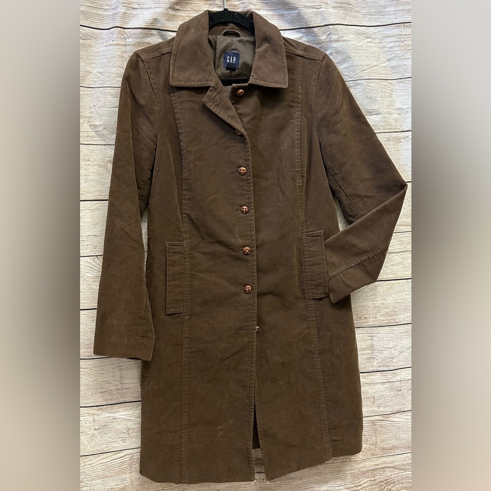 GAP Vintage Y2K Chocolate Brown 100% COTTON Button Coat M Trench Coat